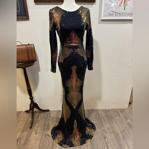 Miss Ord womens formal gown S sequin high neck low back multicolor mermaid fit